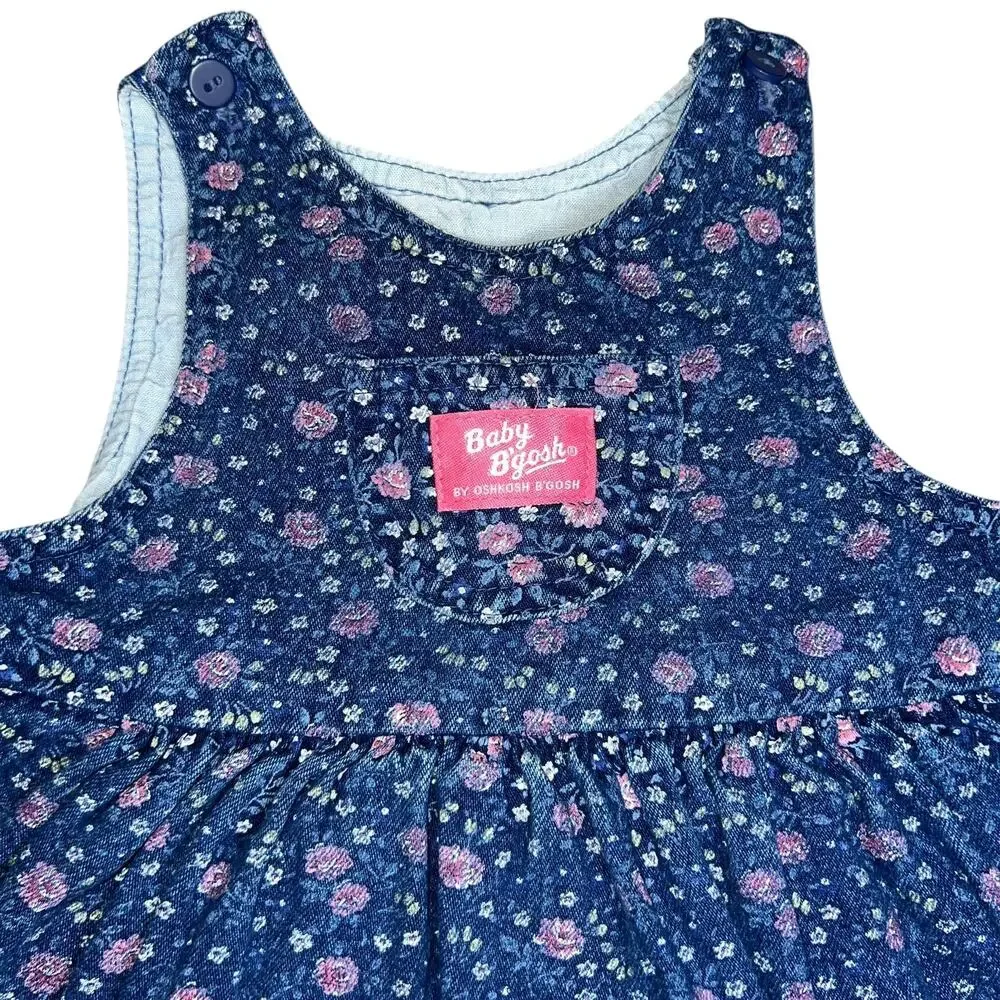 Vintage 90s Baby OshKosh B'gosh denim pink floral jumper dress girls 24 months